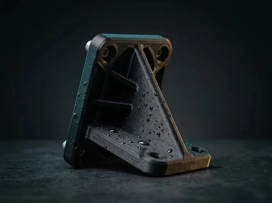 A weatherproof matte-black 3D print in ASA — an outdoor bracket with water beading on it