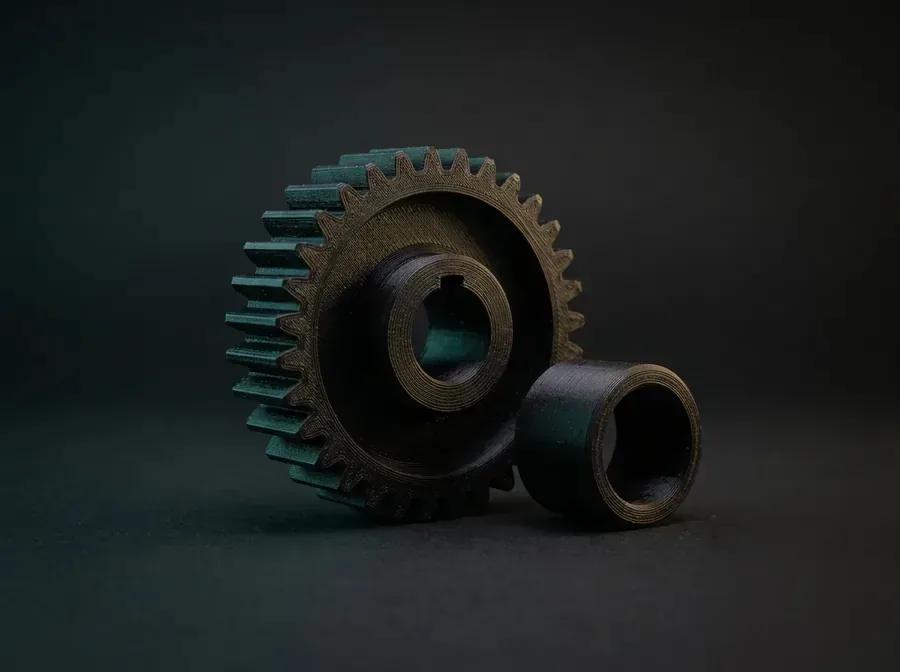 An engineering 3D print in nylon — a gear and bushing