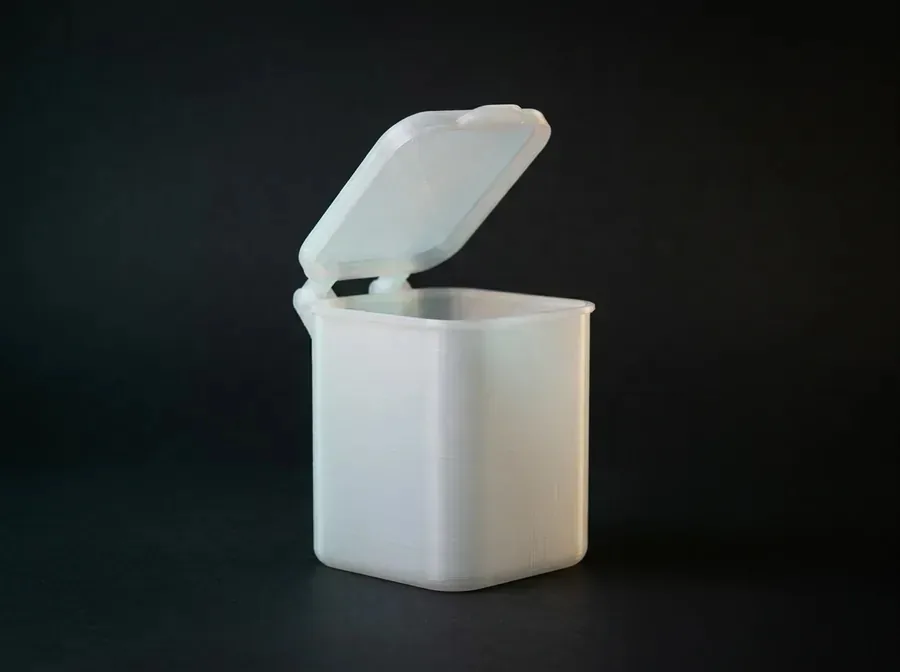 A chemical-resistant 3D print in polypropylene — a living-hinge container