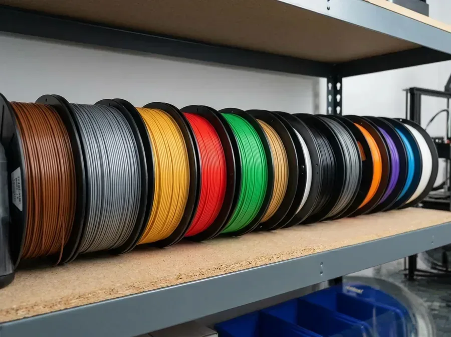 A shelf lined with assorted colors of 3D-printer filament spools